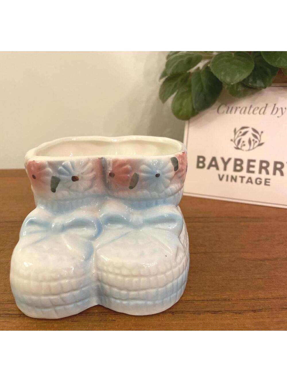 Vintage Baby Booties Planter Pink Blue Ceramic Nursery Shoes Planter